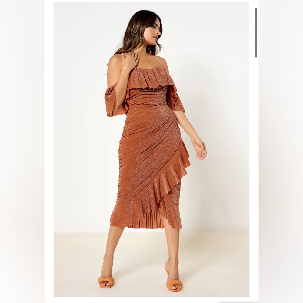 Bronze Off The Shoulder Midi Dress from Rare London Size 8